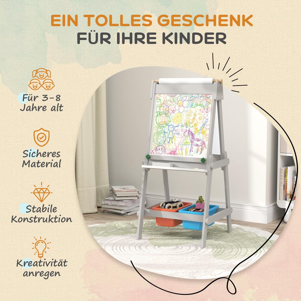 Künstlerstaffelei für Kinder mit Papierrolle, beidseitige Malstaffelei mit Tafel, Whiteboard