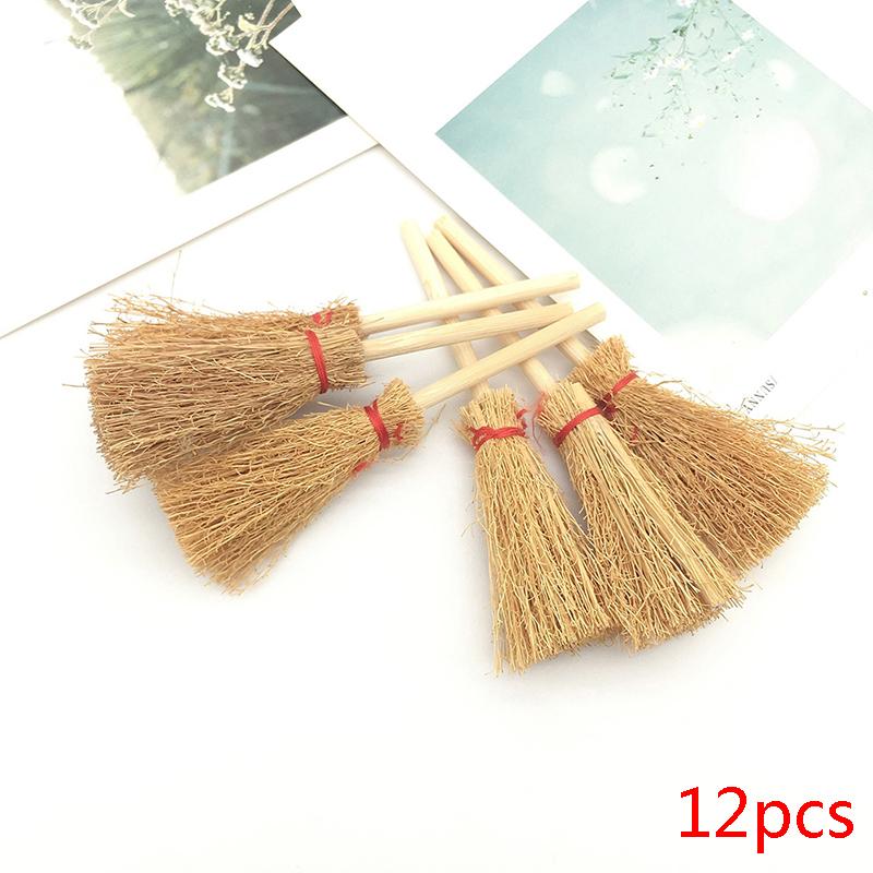 12Pcs Mini Witch Broom Halloween Hanging Decorations Wood Straw Brooms Props