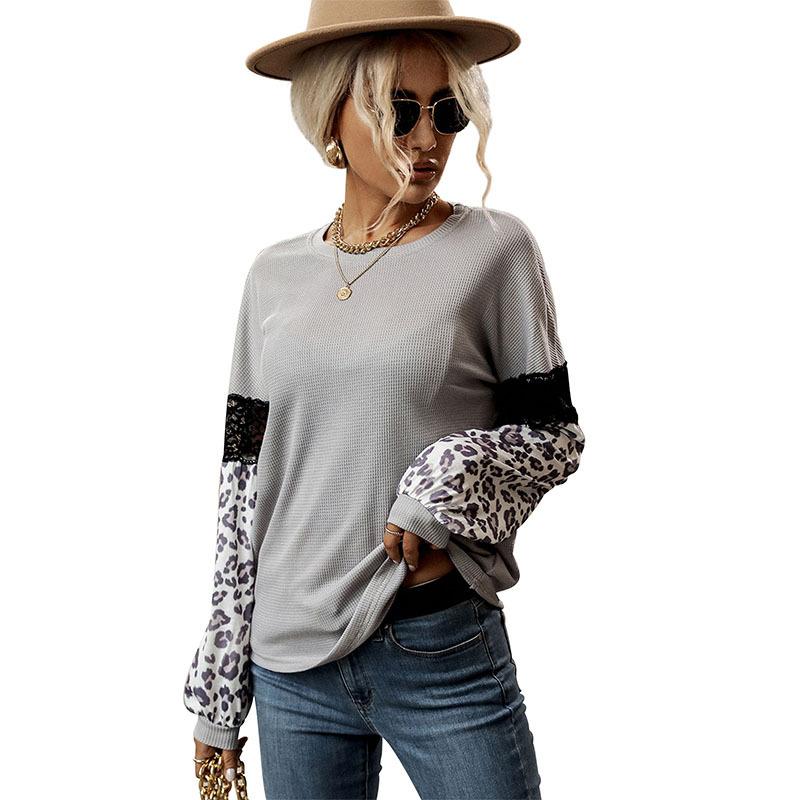 Tops Shirts Clothing Fashionable and Casual Temperament Autumn and Winter Splicing Tops Women Leopard Print Long-sleeved Color Clash Knit Shirt