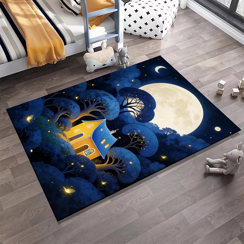 Cozy Cottage Night Scene Carpet with Moonlight and Glowing Forest Suitable for use as an anti-slip for living room bedroom sofas