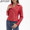 BITCED Fashion Knitted Leather Jacket for Women with Straps Trendy Clothing Casual Jacket
