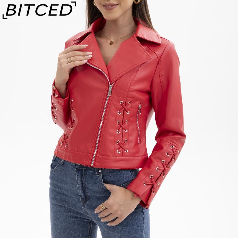 BITCED Fashion Knitted Leather Jacket for Women with Straps Trendy Clothing Casual Jacket