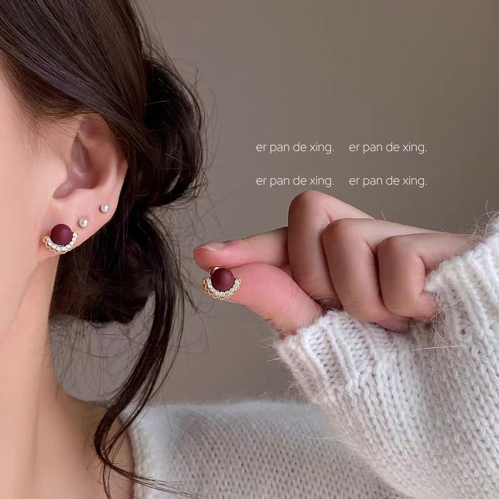 S925 silver needle niche huge good-looking lace lace red stud earrings French light luxury exquisite earrings