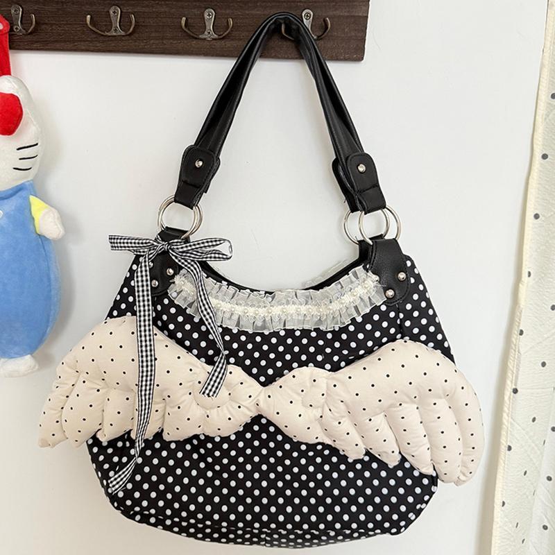 Y2k Polka Dot Wing Tote Bag Double-sided Lace Trim Shoulder Bag Large Capacity Harajuku Style Canvas Handbag Cute Casual Purse