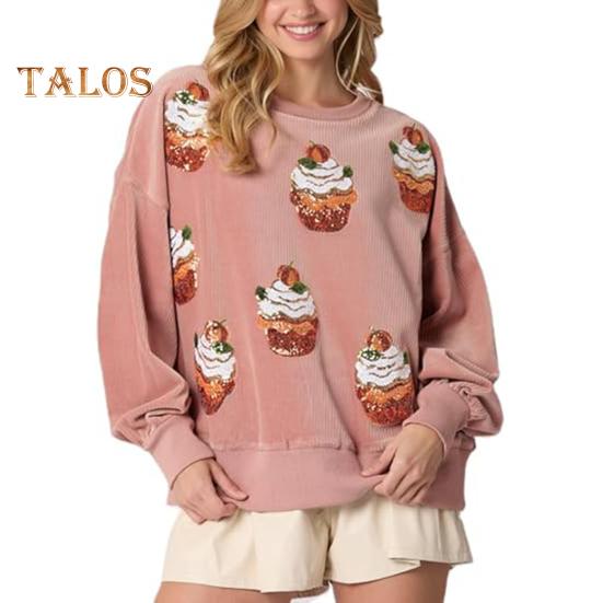 

Женская толстовка с принтом кексов и пайеток, круглый вырез, свободные длинные рукава, повседневный топ на рождественскую тематику для новогодней вечеринки XXL розовый