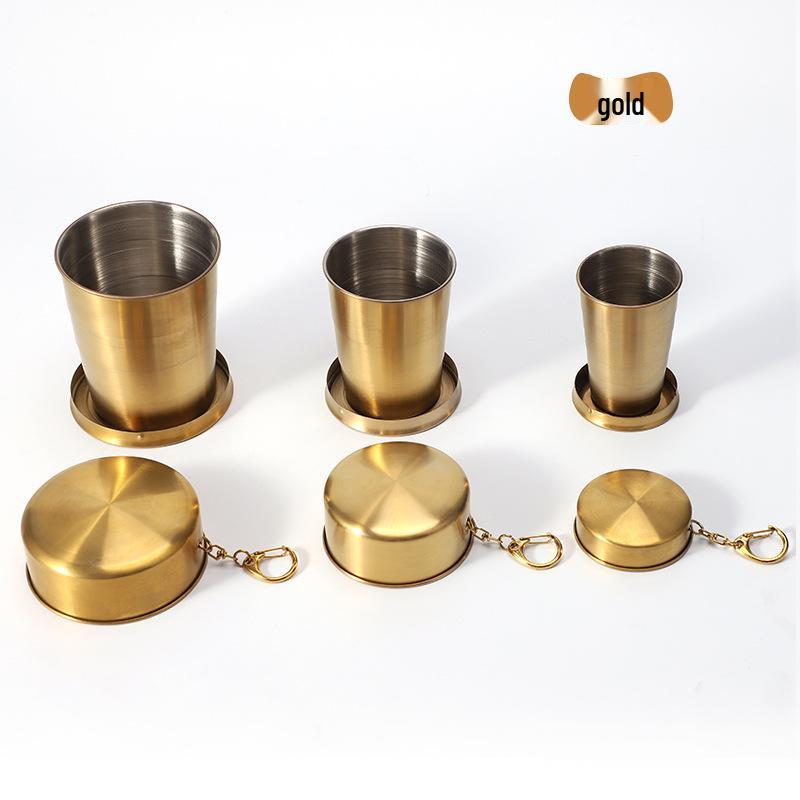 Custom Logo Stainless Steel Retractable Travel Wine Glass and Water Cup Keychain - Outdoor Folding Personal Cup.