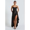 Abito Maxi da Donna Senza Maniche con Scollo a Cappuccio Vestibilità Aderente Vita Alta Sexy in Raso con Spacco Alto Abito con Volant