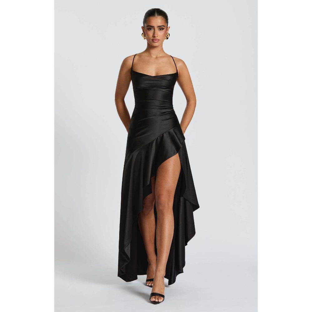 Abito Maxi da Donna Senza Maniche con Scollo a Cappuccio Vestibilità Aderente Vita Alta Sexy in Raso con Spacco Alto Abito con Volant