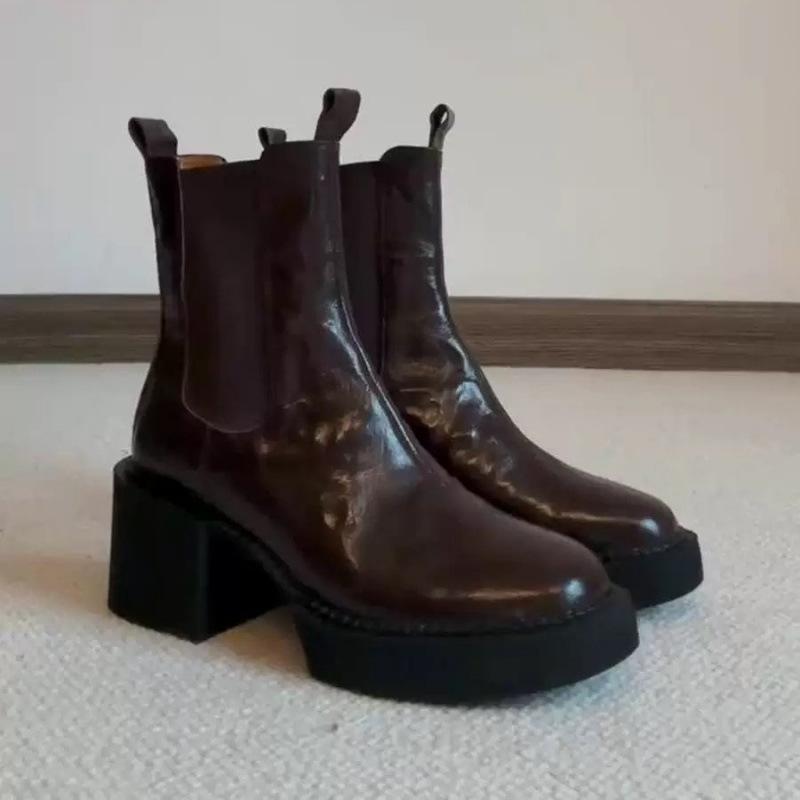 Cowhide Version~ Leather Platform Short Boots Women's Autumn and Winter Retro Chelsea Boots Thick Heel Thin Boots Martin Boots