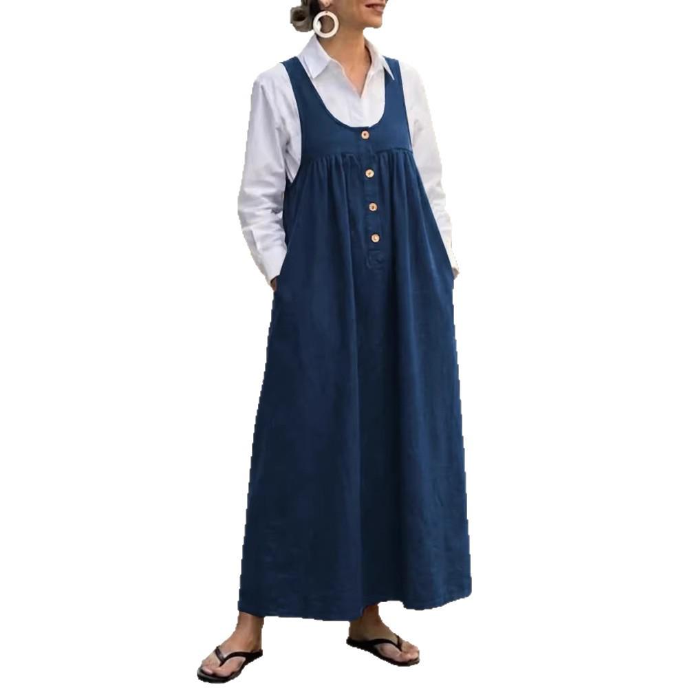 2026 Europäisches und Amerikanisches Einfarbiges Knopf-Träger Ärmelloses Freizeitkleid