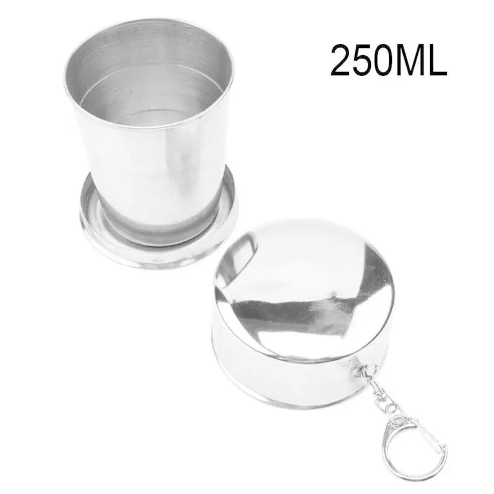 

250ml Portable Collapsible Cup - Stainless Steel Travel Mug w/Keychain & Leakproof Lid, Foldable for Camping/Hiking/Travel