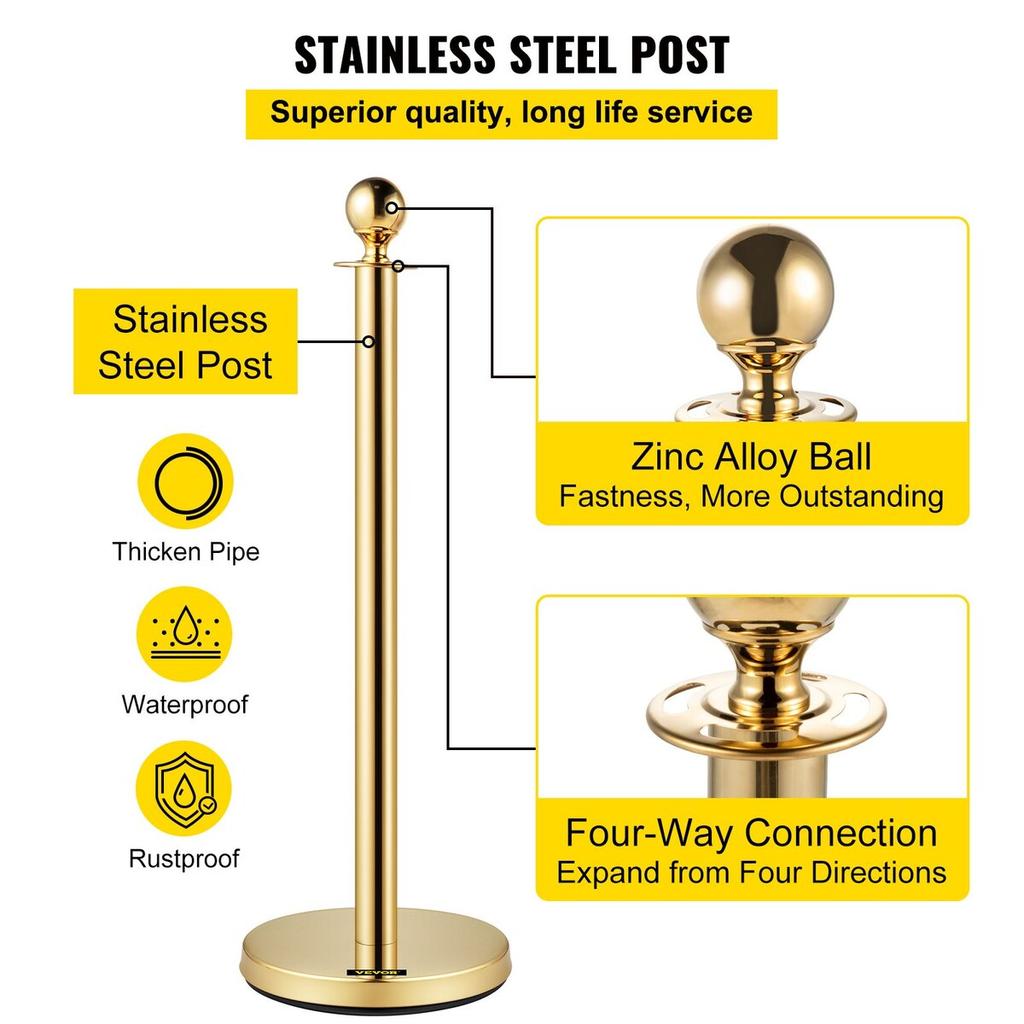 Velvet Ropes and Posts Gold Stanchion 5ft/1.5m Crowd Control Barriers 4PCS