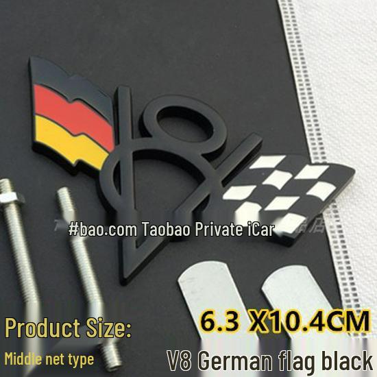 V8 Metal Car Decals for Chevrolet, Dodge, Jeep Tailgates - Includes American, German, British Flags