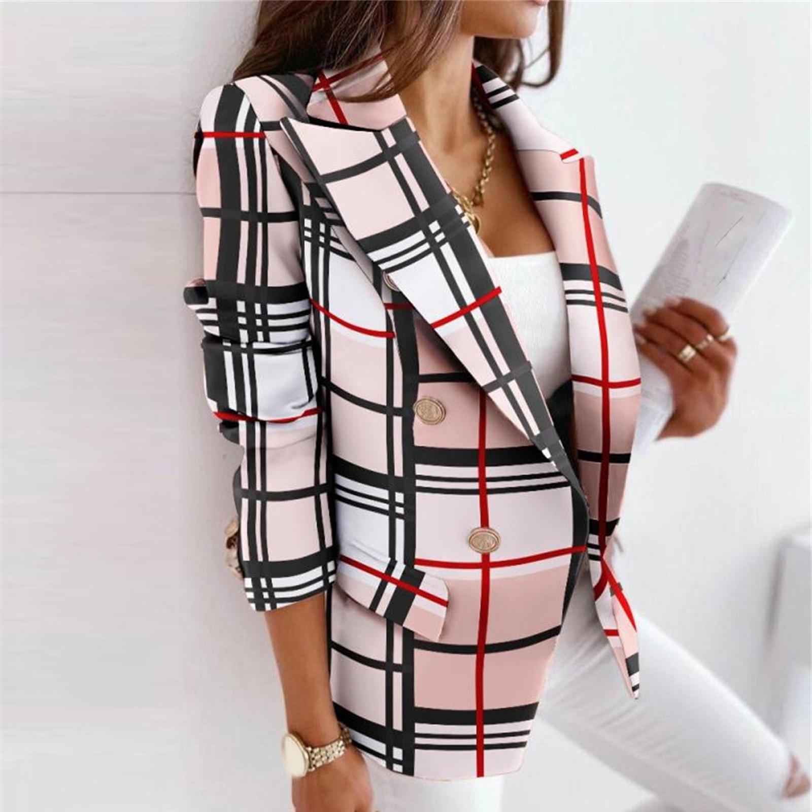 Fashion Women Long-sleeved Double-breasted Suit Printing Casual Jacket M