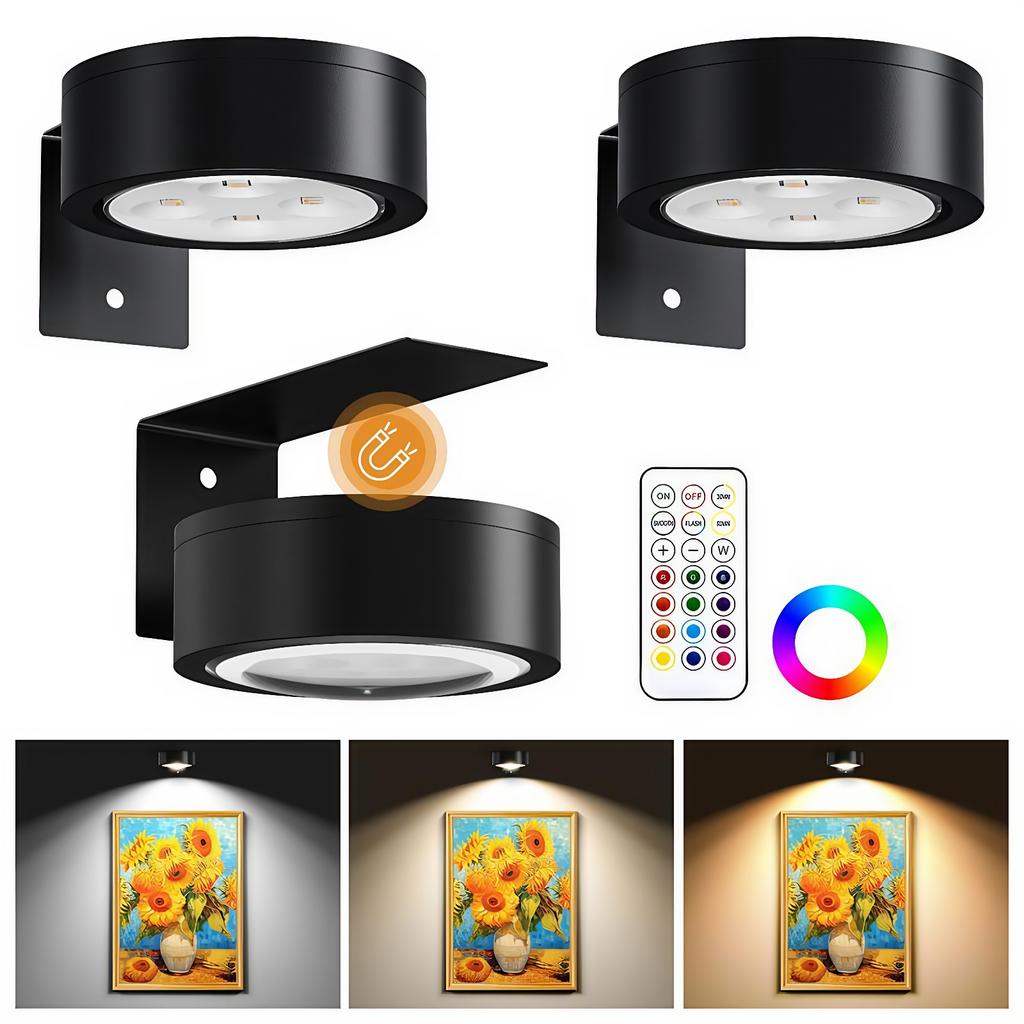 3Pcs Magnetic Painting Light with Remote Wireless Wall Puck Lights with 3 Lighting Modes for Picture Artworking Frame Portrait
