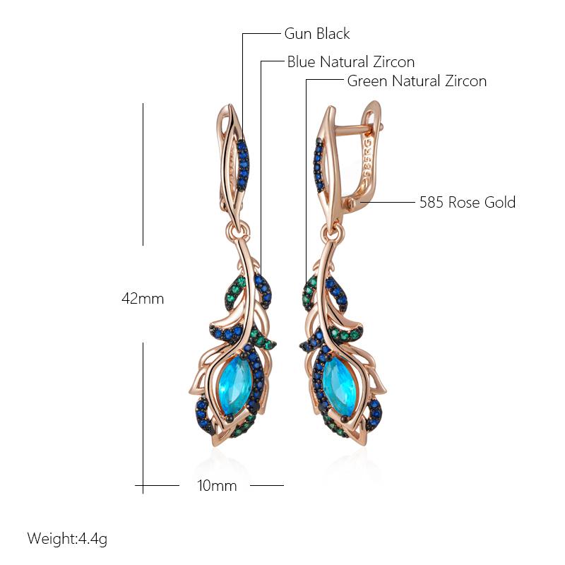 Blue Natural Zircon Flower Long Drop Earrings For Women  Rose Gold And Black Plating Vintage Party Daily Jewelry