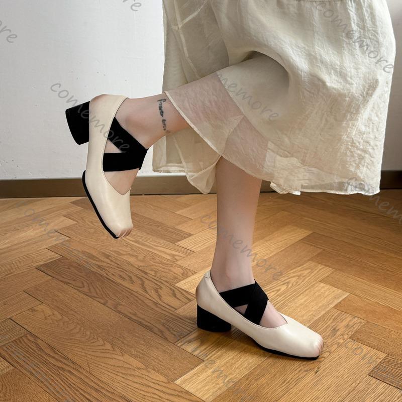 Fashion Comemore Medium Thick Heel Ballet Mary Jane Women's Shoes Fashion Shallow Mouth Square Toe Pumps Cross Strap Heels for Women