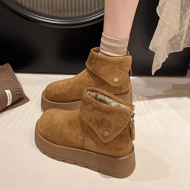 Fashion Winter New Thick Sole Cotton Boots Women's Fashion Round Head Suede Back Zipper Anti-slip Wear-resistant Short Boots