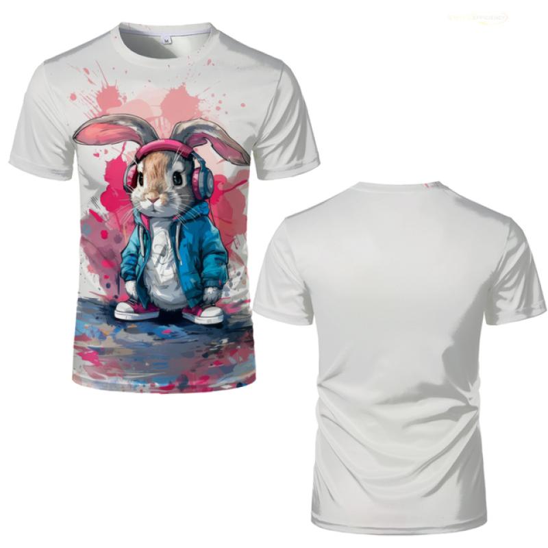 Hip-Hop Bunny Graphic Tee - Urban Streetwear Rabbit with Headphones, Splash Art Design, Soft Polyester, Men's T-Shirt S-XXL