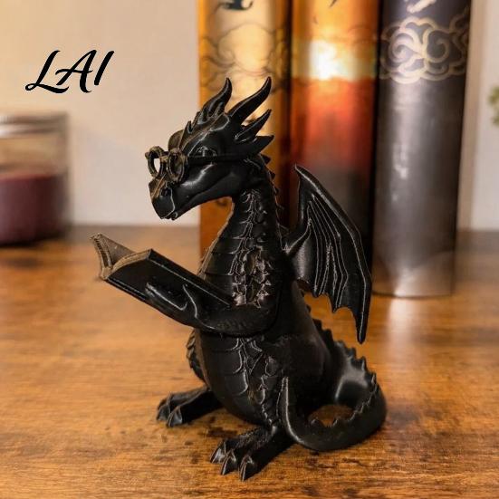 Whimsical Desk Accessory Reading Dragon Figurine with Glasses Statue 3D Printed Lover Gift Bookshelf Decor Desktop Ornament for Book Lovers