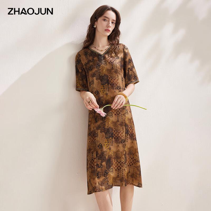 Zhaojun 2026 Spring/Summer Mulberry Silk Print Bubble Crepe Short Sleeve Dress L