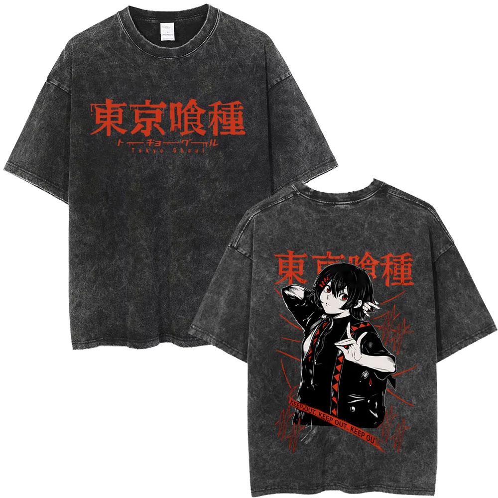 Washed Vintage Anime Tokyo Ghoul T Shirt Cartoon Juzo Suzuya Graphic T-shirt Men Women Manga Retro Oversized T-shirts Streetwear S разноцветный