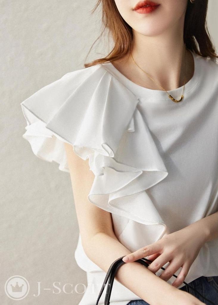 J-Scott Ruffle Sleeve T-Shirt, Mixed Fabric, Asymmetrical, Short Sleeve, High-Quality Cotton Blend, Casual, White, JS51-WH-3XL (Limited Stock)