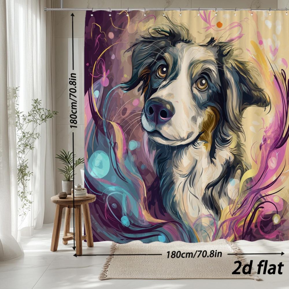 Artistic Dog Portrait Shower Curtain – Colorful Swirls, 2D Flat, 12 Hooks, 70.8×70.8 In, Polyester, Machine Washable
