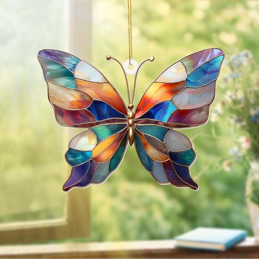 Stained Glass Butterfly Ornament Acrylic – Colorful Suncatcher Window Hanging Glass Butterfly Decoration for Christmas Tree