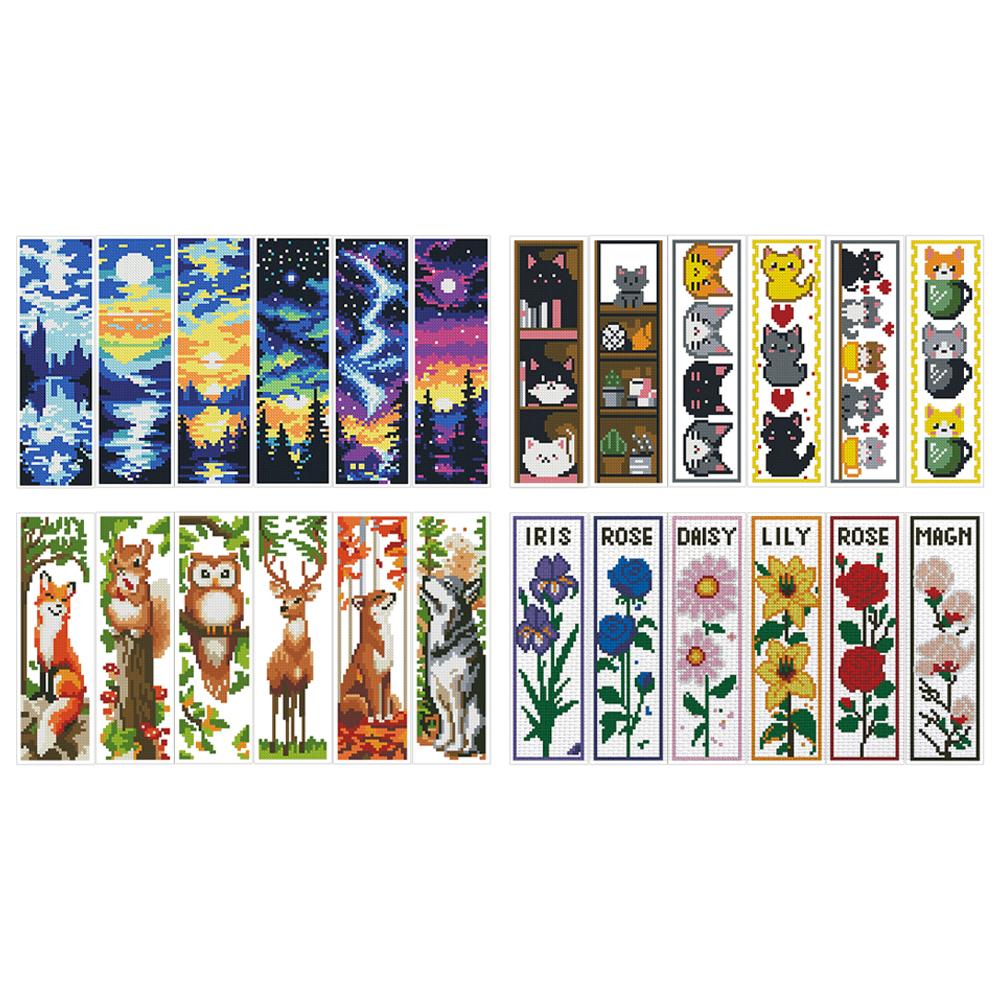 6Pcs DIY Cotton Single-Sided Stamped Bookmark Cross Stitch Kits for Beginners Book Lovers Gift Needlepoint Bookmark Kit 47x28cm