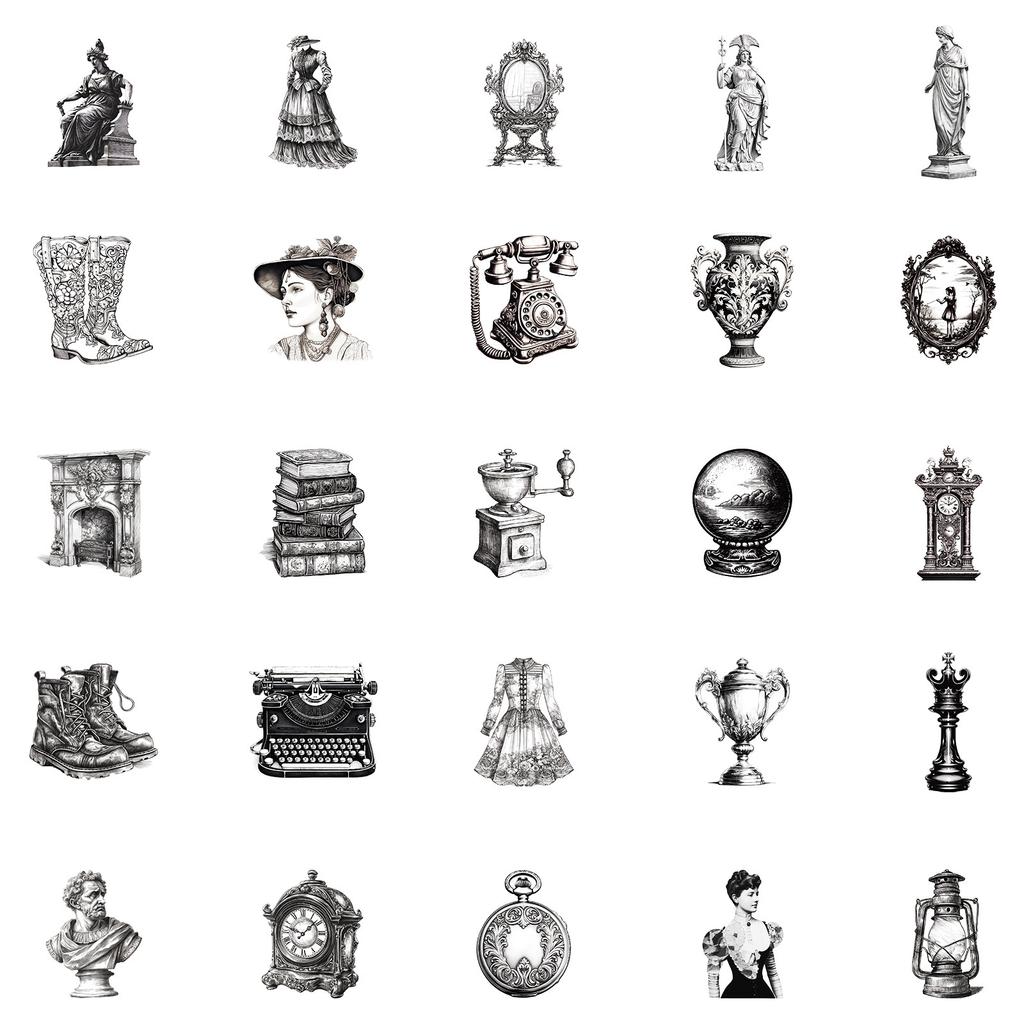 50 Cold Black And White Style Various Vintage Objects Antique Supplies Graffiti Stickers