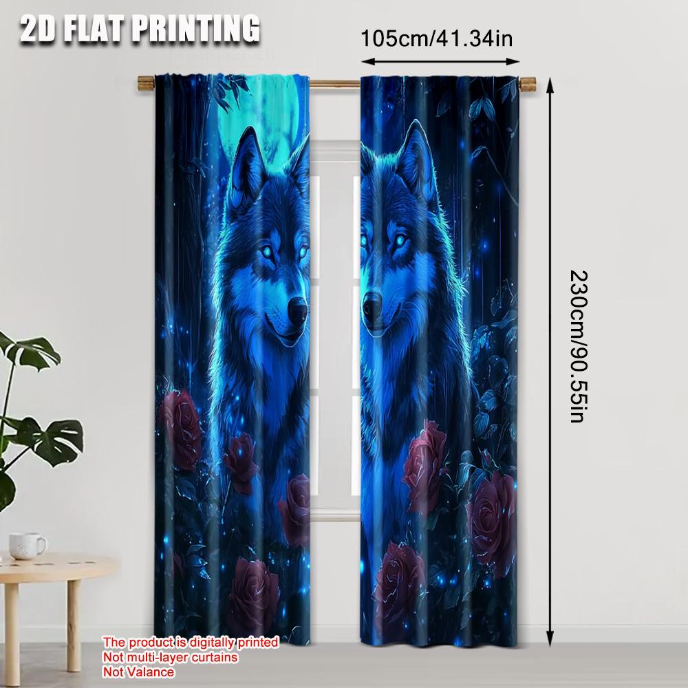 2pcs   Popular Curtain Panels  plane printing Mystical Wolf & Blue Roses Polyester (without rod) Decorations For Home for Home