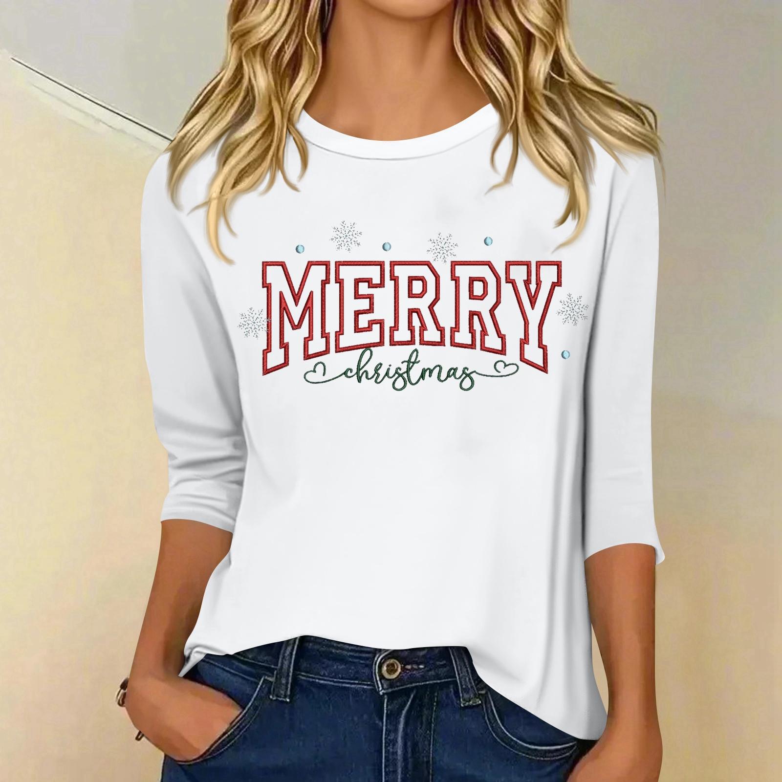 

Женский модный повседневный топ с рукавом три четверти и рождественским принтом, с круглым вырезом S белый