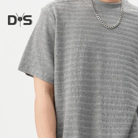 Men T-shirt Round Neck Short Sleeve 3D Striped Jacquard Design Tee Shirt Solid Color Loose Fit Summer Casual Tops