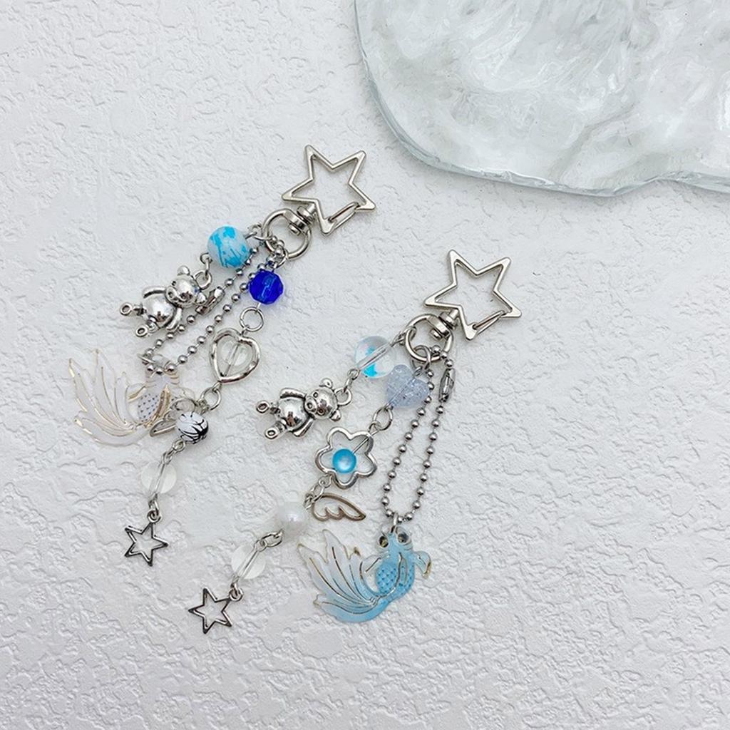 Stylish Hollow Star and Jellyfish Charm Phone Chain Sturdy Kerchain Pendant Beaded Keyring Accessory for Women Ladies