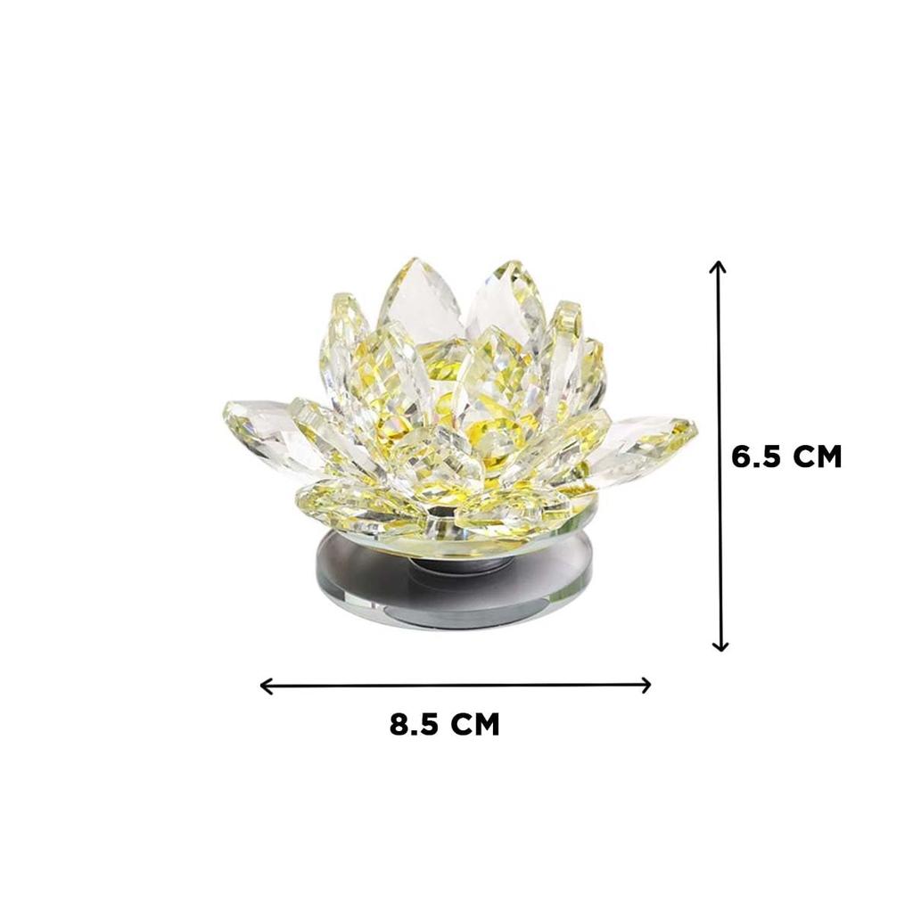 9Dzine Yellow Crystal Lotus Flower Rotating Showpiece for Home Decor | Glass Crystal Lotus for Study Table, Office Desk, Living Room, Bedroom | G