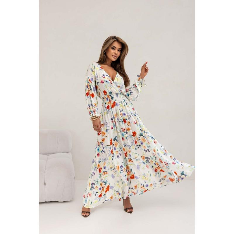 Women's Printed V-neck Sexy Slit Long-sleeved Dress