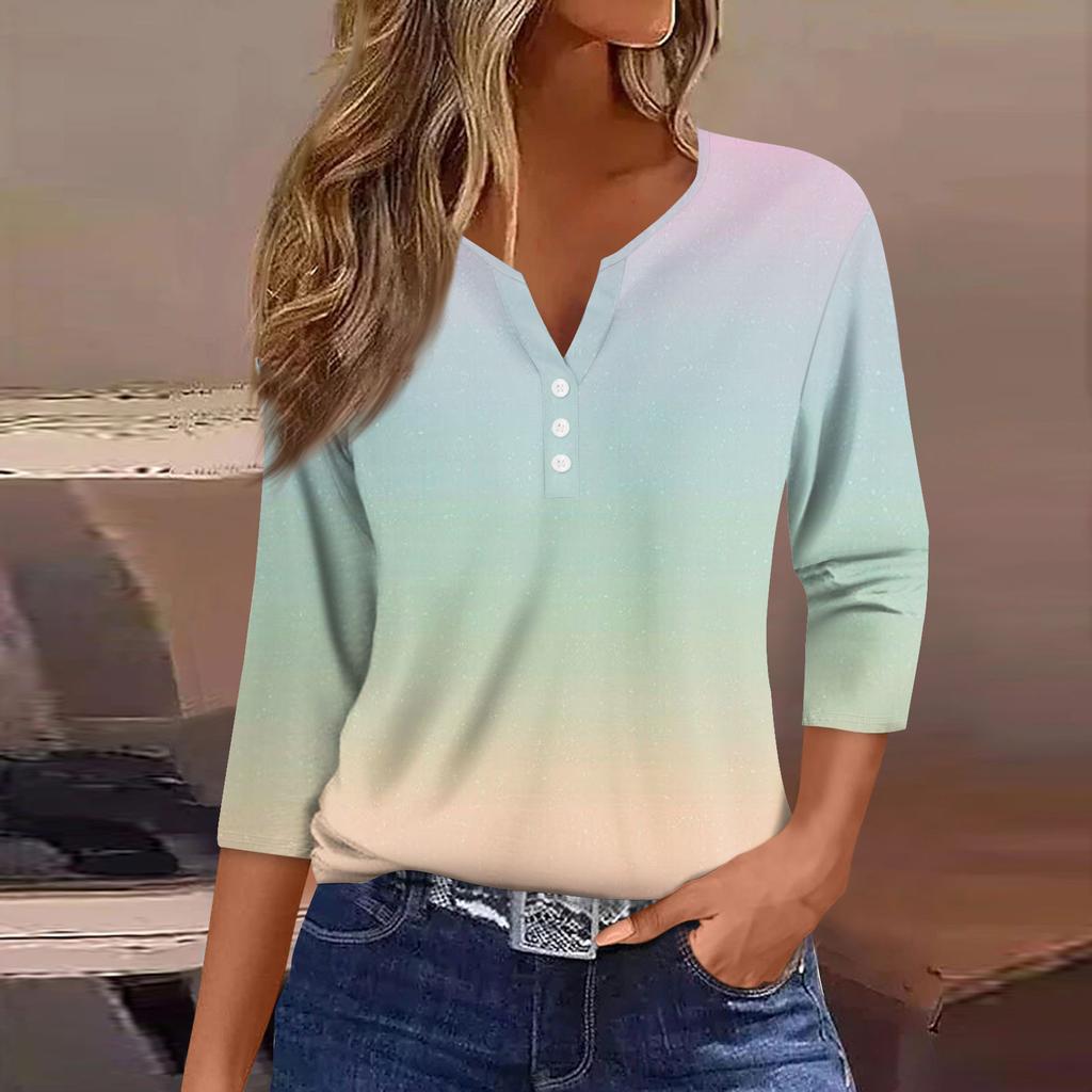 Women's Fashion Casual Printed V-Neck Seven Sleeve Button Down T-Shirt Top