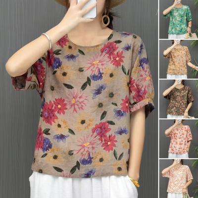 Women T-shirt Round Neck Short Sleeve Loose Fit Tee Shirt Retro Floral Print Summer