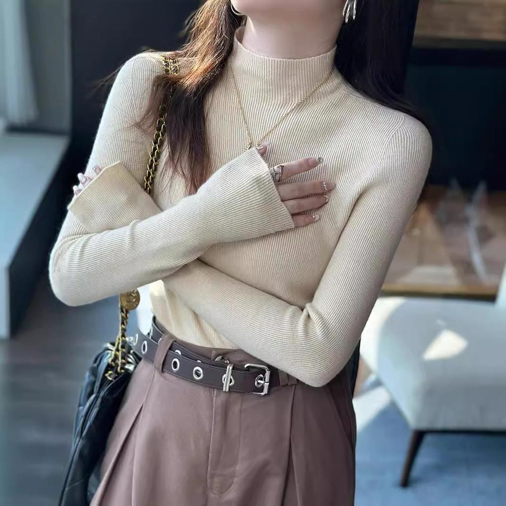 Women's High-End Base Layer for Spring and Autumn Luxury Gray Half-High Neck Sweater Mid-Neck Knit Top