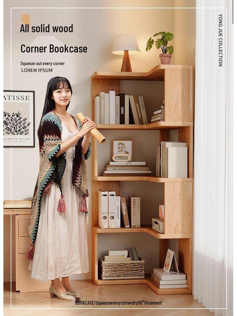 Solid Wood Corner Bookshelf - Multi-layer Storage Rack for Living Room
