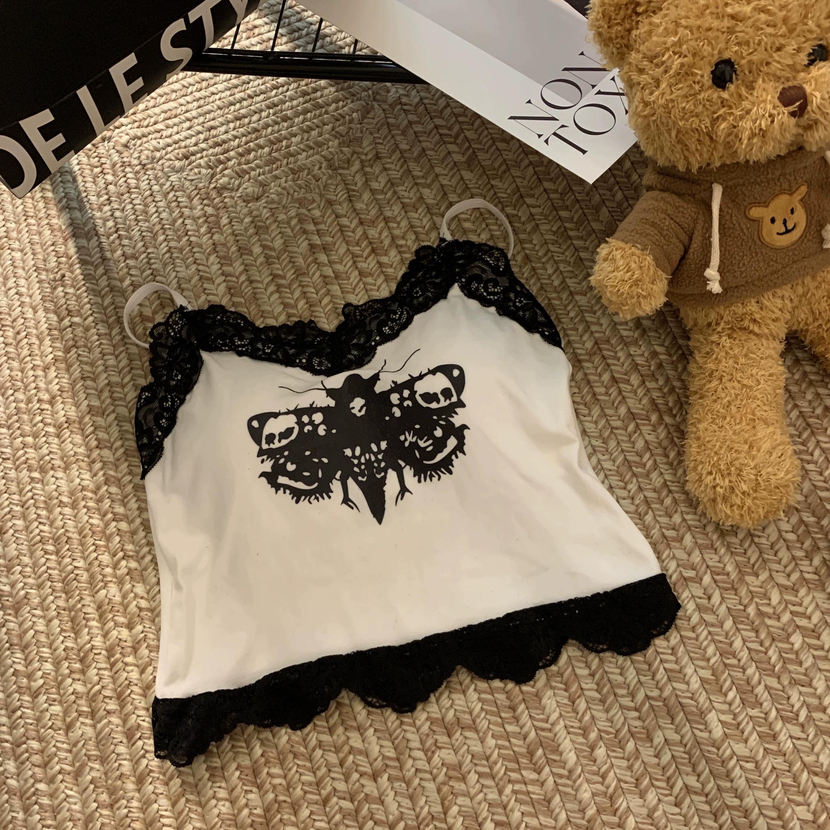 

Летние женские кружевные топы с нагрудными подушечками, женские топы на бретелях, уличная одежда в стиле Харадзюку, сексуальные укороченные топы с принтом бабочек one size белый