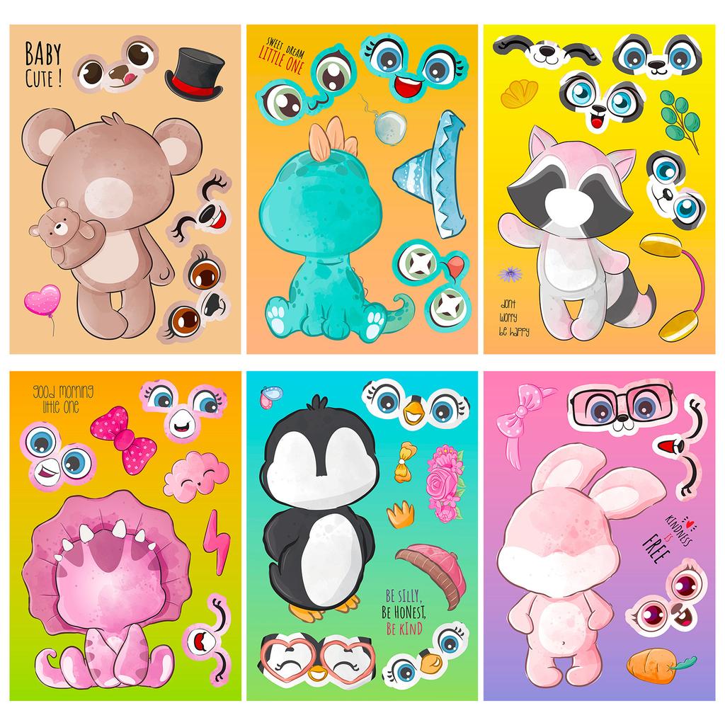6 Sheets/Pack Small Animal Puzzle Stickers Cartoon Stickers Children'S Creative Animal Puzzle Diy Stickers