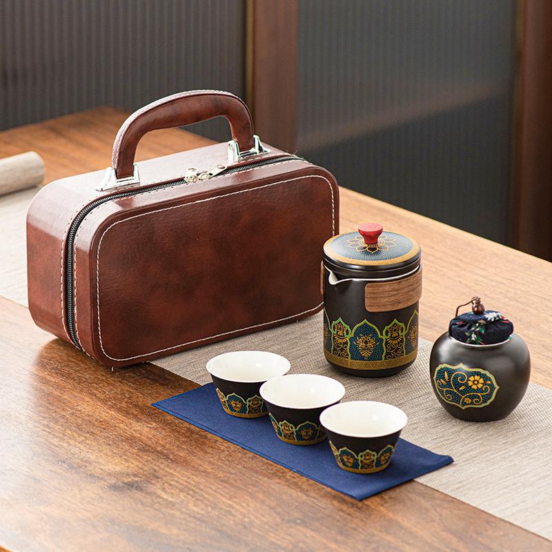 Outdoor Travel Tea Set Home One Pot Four Cups Portable Storage Bag Ceramic Quick Cup Brewing Teapot Tea Cups