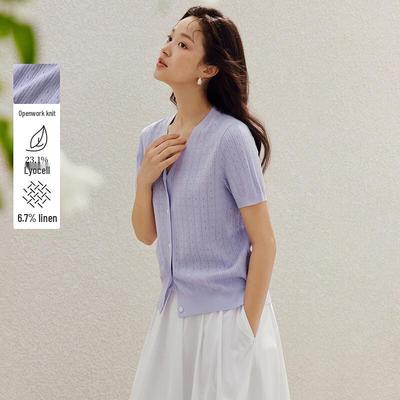 INMAN French V-Neck Short Sleeve Hollow Knit Cardigan