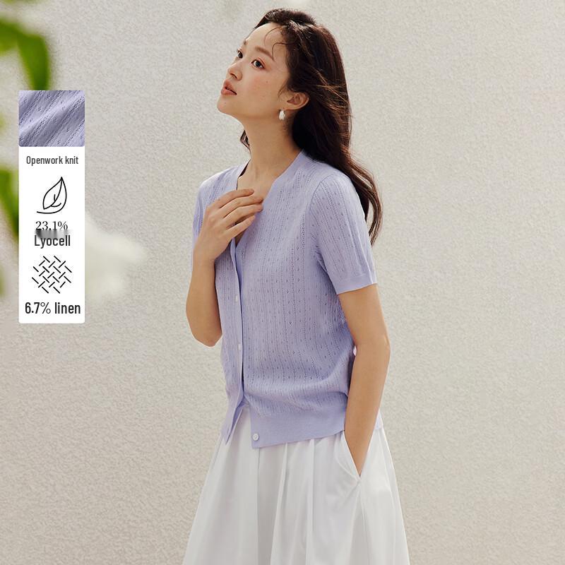 INMAN French V-Neck Short Sleeve Hollow Knit Cardigan S