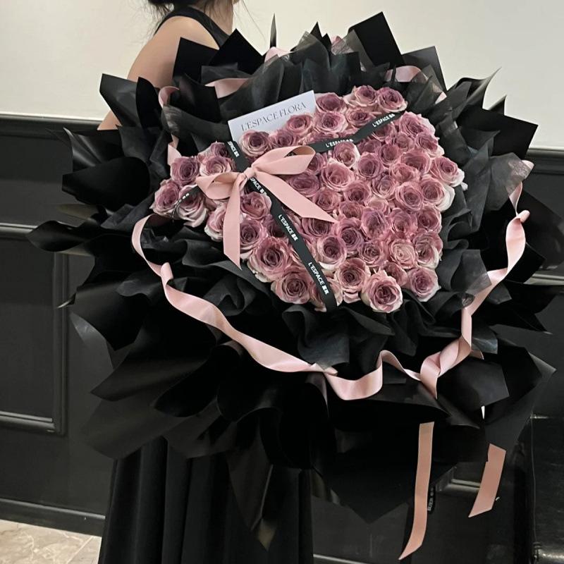 Smoked Plum Sauce Bouquet with Pink Ribbon - Qixi Valentine's Day Fresh Flower & Artful Gift Box Decoration.