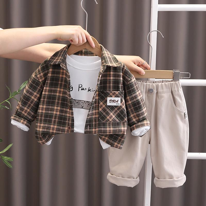 Boys' Long Sleeved 3-piece Set, Children Aged 0-5 Years Old Checkered Jacket+white Printed T-shirt, Casual Pants