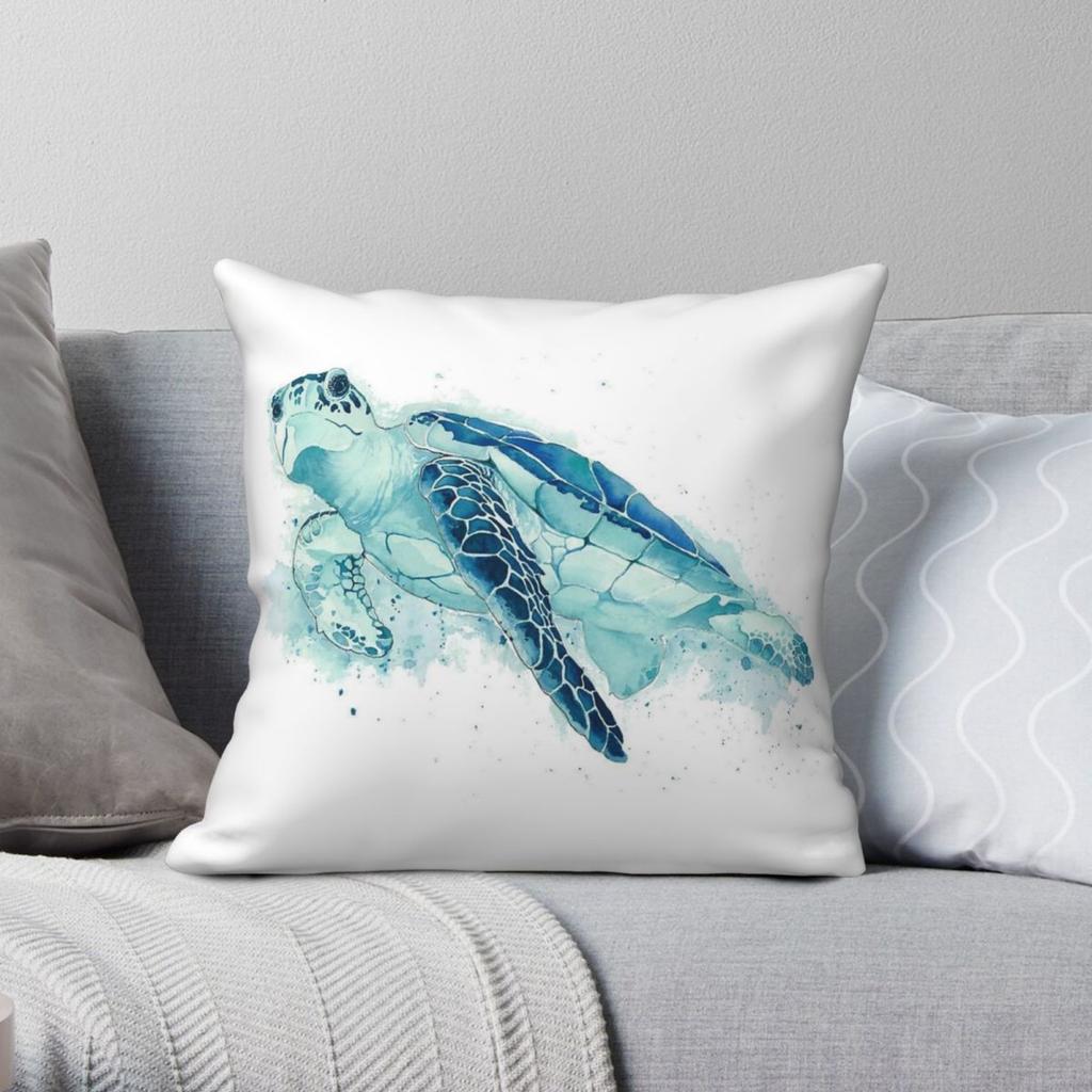 Watercolor Sea Turtle Pillowcase Polyester Linen Velvet Printed Zip Decor Sofa Seater Cushion Cover