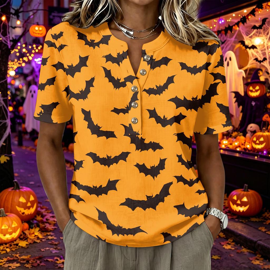Women's Short Sleeve Henley Shirt Button Front Casual Loose Fit Cotton Linen Blend Top Halloween Graphic Print